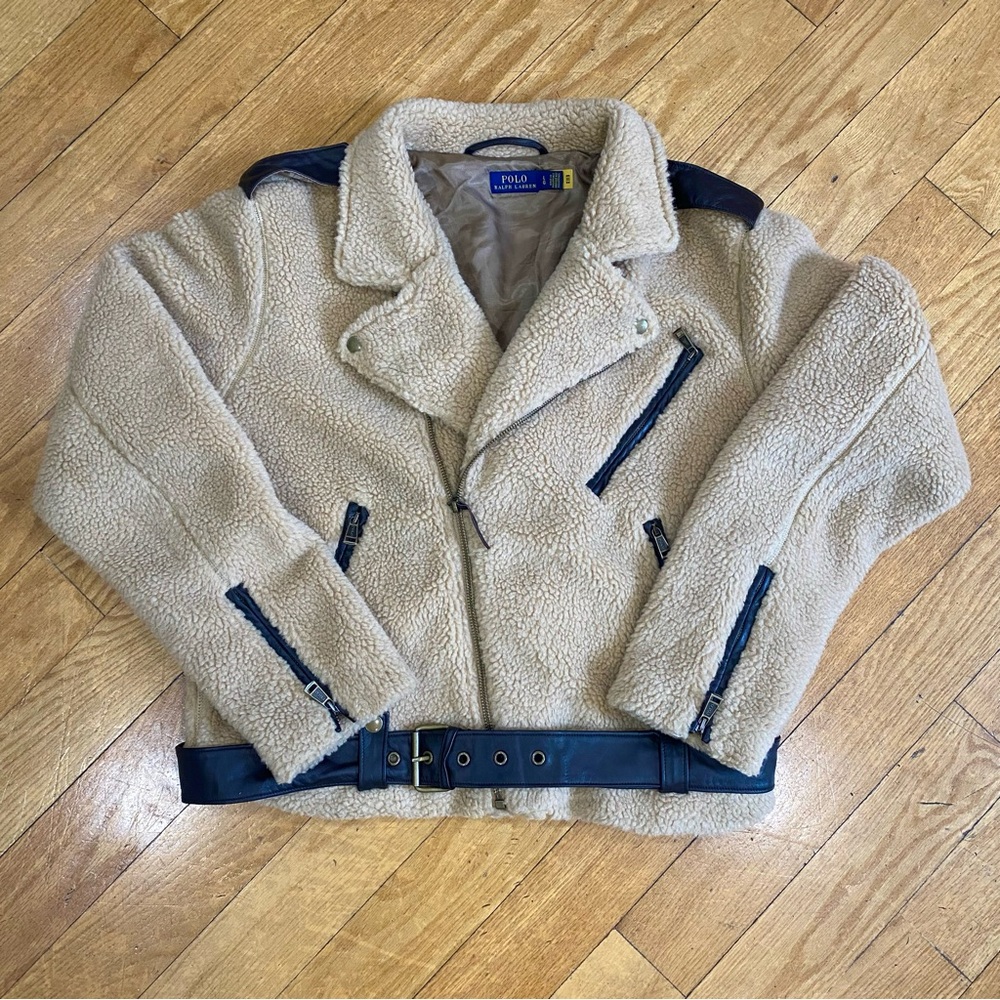Polo by Ralph Lauren Beige and Black Sherpa Moto Biker Jacket Women’s Size Large - Picture 2 of 11